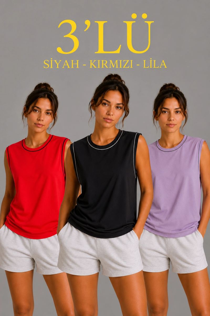 Kadın 3’lü Kolsuz Sporcu Atlet Seti Yazlık Bisiklet Yaka - Siyah, Kırmızı, Lila — Çok Renkli [stokoz:qt8o9dMRTOIKU25qbhsC%3A%C3%87ok%20Renkli%3A0%3A1k66ljv]