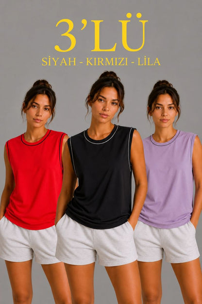 Kadın 3’lü Kolsuz Sporcu Atlet Seti Yazlık Bisiklet Yaka - Siyah, Kırmızı, Lila — Çok Renkli [stokoz:qt8o9dMRTOIKU25qbhsC%3A%C3%87ok%20Renkli%3A0%3A1k66ljv]