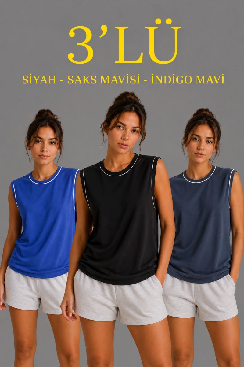 Kadın 3’lü Kolsuz Sporcu Atlet Seti Yazlık Bisiklet Yaka - Siyah, Saks Mavisi, İndigo — Çok Renkli [stokoz:kz0F7s40U1cjVdtsPHwS%3A%C3%87ok%20Renkli%3A0%3A1dl8ojf]