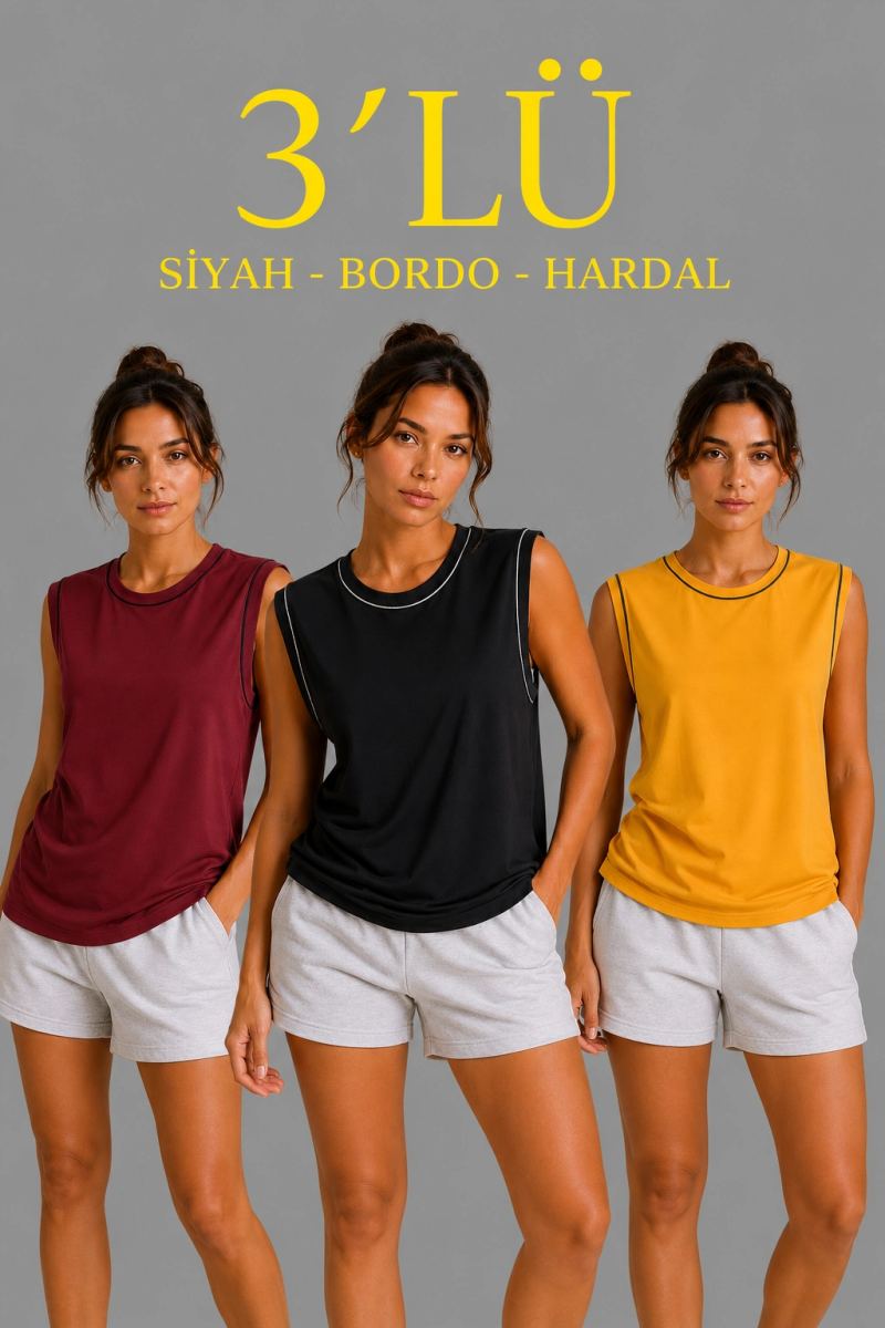 Kadın 3’lü Kolsuz Sporcu Atlet Seti Yazlık Bisiklet Yaka - Siyah, Bordo, Hardal — Çok Renkli [stokoz:JnrNrXuX2qefdemo8Rn4%3A%C3%87ok%20Renkli%3A0%3A1xdd60x]
