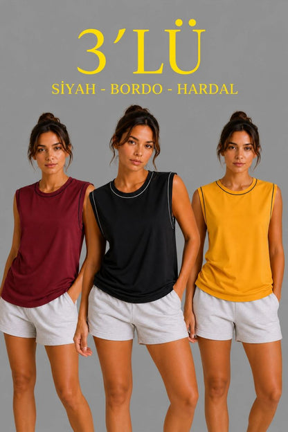 Kadın 3’lü Kolsuz Sporcu Atlet Seti Yazlık Bisiklet Yaka - Siyah, Bordo, Hardal — Çok Renkli [stokoz:JnrNrXuX2qefdemo8Rn4%3A%C3%87ok%20Renkli%3A0%3A1xdd60x]