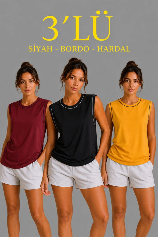 Kadın 3’lü Kolsuz Sporcu Atlet Seti Yazlık Bisiklet Yaka - Siyah, Bordo, Hardal — Çok Renkli [stokoz:JnrNrXuX2qefdemo8Rn4%3A%C3%87ok%20Renkli%3A0%3A1xdd60x]