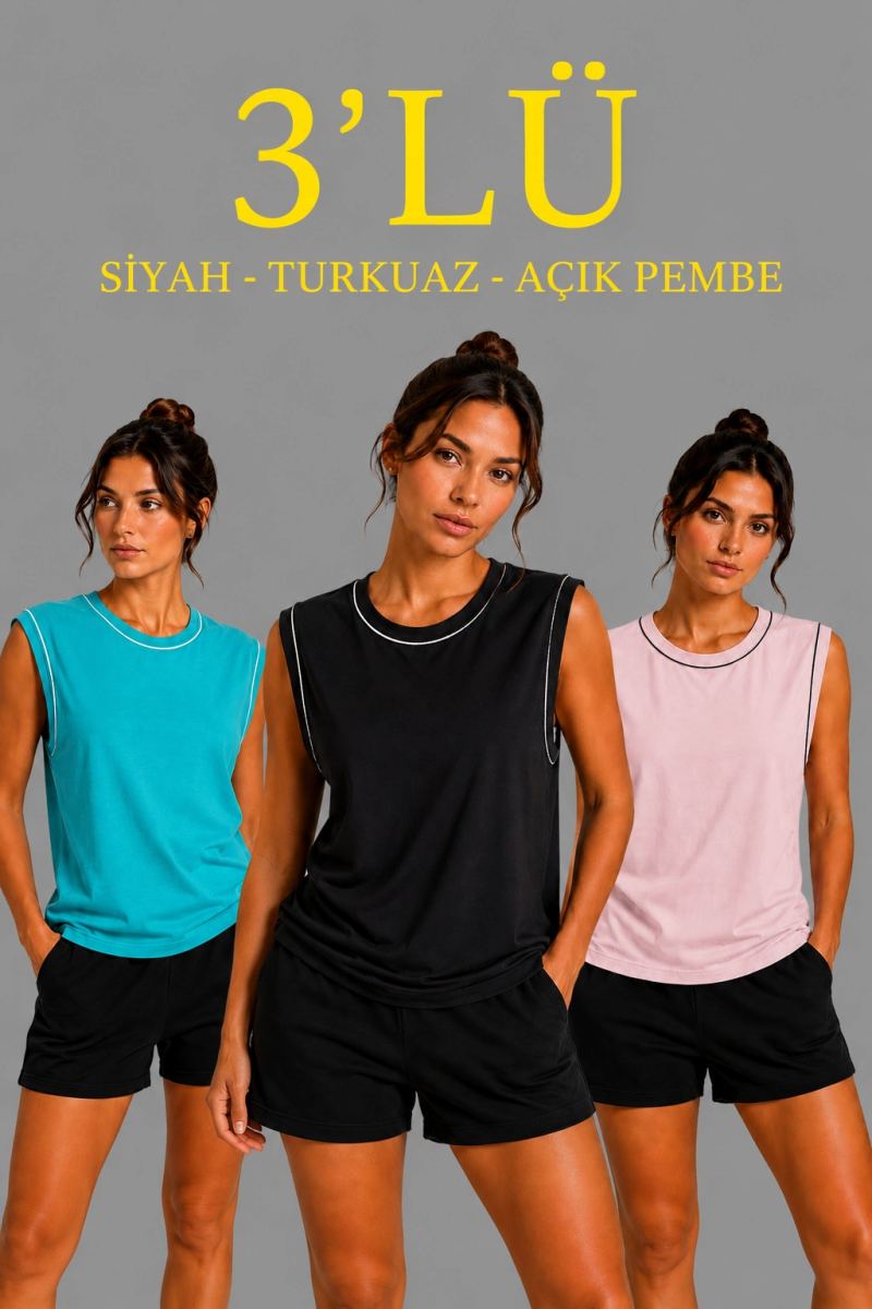 Kadın 3’lü Kolsuz Sporcu Atlet Seti Yazlık Bisiklet Yaka - Siyah, Turkuaz, Pembe — Çok Renkli [stokoz:lEiYX4ZmXEeawMHC0Sj3%3A%C3%87ok%20Renkli%3A0%3A17svyeh]