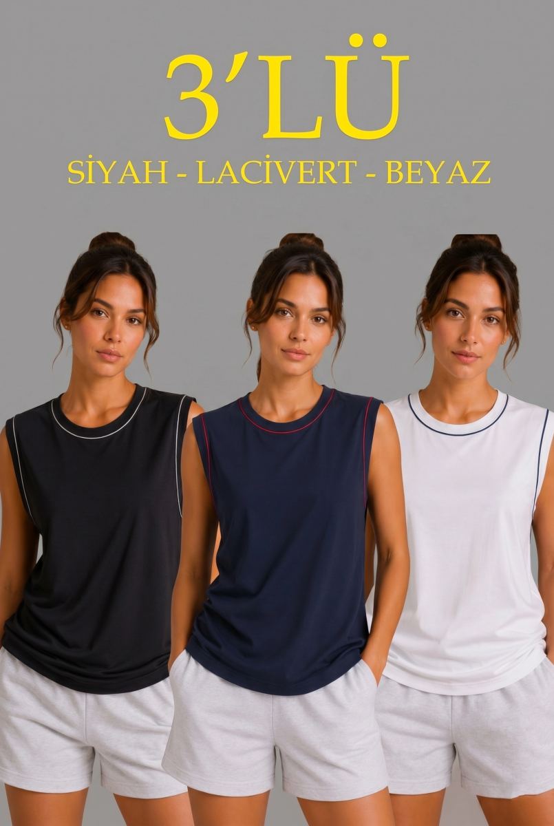 Kadın 3’lü Kolsuz Sporcu Atlet Seti Yazlık Bisiklet Yaka - Siyah, Lacivert, Beyaz — Çok Renkli [stokoz:l1uegvMXtbQzGZ6IGD5v%3A%C3%87ok%20Renkli%3A0%3Ahjxiol]
