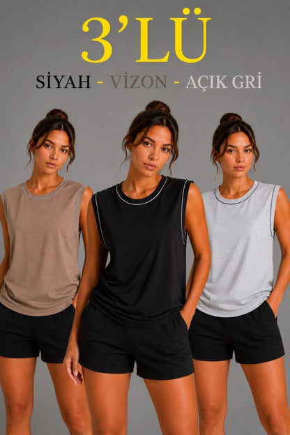 Kadın 3’lü Kolsuz Sporcu Atlet Seti Yazlık Bisiklet Yaka - Siyah, Kahverengi, Gri — Çok Renkli [stokoz:xsRlPms6LmI9A2lMqmNy%3A%C3%87ok%20Renkli%3A0%3A18s10yt]