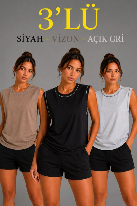 Kadın 3’lü Kolsuz Sporcu Atlet Seti Yazlık Bisiklet Yaka - Siyah, Kahverengi, Gri — Çok Renkli [stokoz:xsRlPms6LmI9A2lMqmNy%3A%C3%87ok%20Renkli%3A0%3A18s10yt]