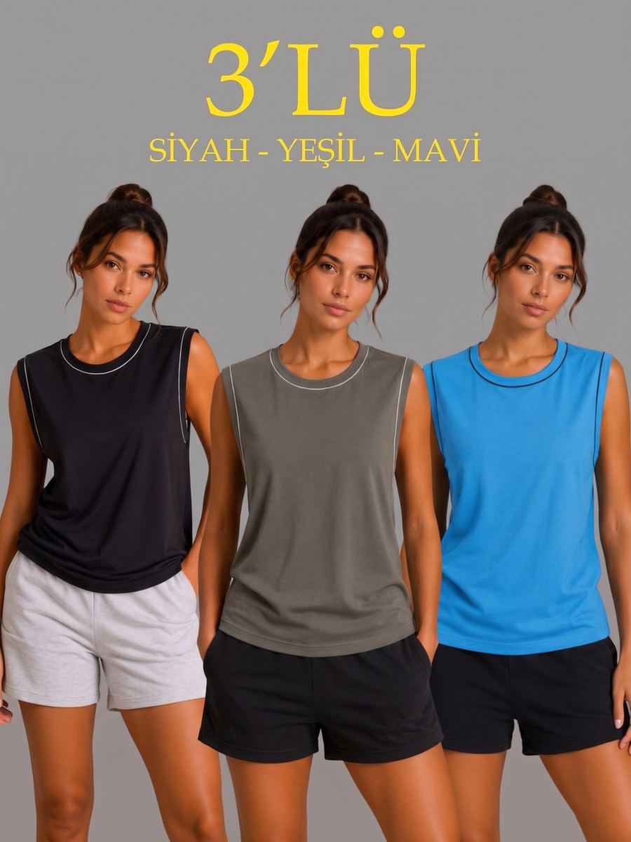 Kadın 3’lü Kolsuz Sporcu Atlet Seti Yazlık Bisiklet Yaka - Siyah, Haki, Mavi — Çok Renkli [stokoz:HFNlQLiFNAzoArVc6Mwm%3A%C3%87ok%20Renkli%3A0%3A1cl5vec]