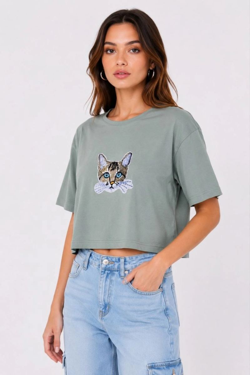 Kadın Kedi Baskılı Oversize Crop Tişört Salaş Basic Yarım Kol T-shirt - Mint Yeşili — Mint Yeşili [stokoz:WhxLKJwSrUT5GM8SqWcy%3AMint%20Ye%C5%9Fili%3A0%3Av88zrj]