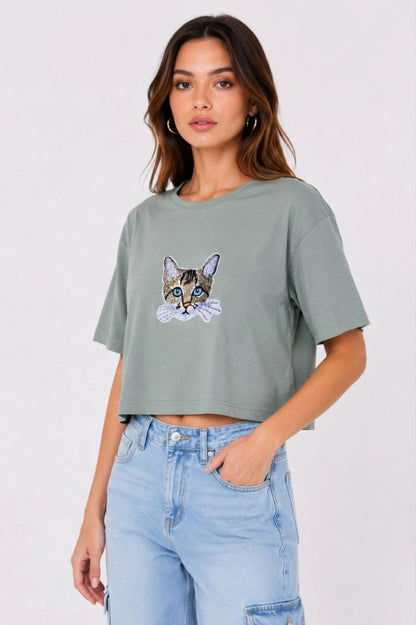 Kadın Kedi Baskılı Oversize Crop Tişört Salaş Basic Yarım Kol T-shirt - Mint Yeşili — Mint Yeşili [stokoz:WhxLKJwSrUT5GM8SqWcy%3AMint%20Ye%C5%9Fili%3A0%3Av88zrj]