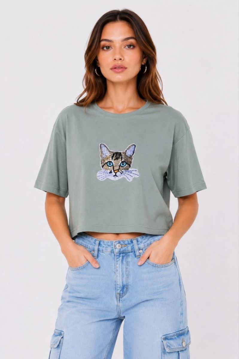 Kadın Kedi Baskılı Oversize Crop Tişört Salaş Basic Yarım Kol T-shirt - Mint Yeşili — Mint Yeşili [stokoz:WhxLKJwSrUT5GM8SqWcy%3AMint%20Ye%C5%9Fili%3A1%3A1c4w29l]