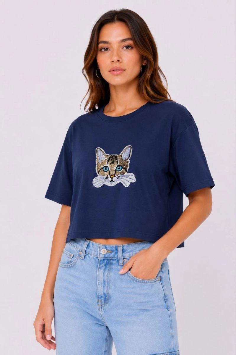 Kadın Kedi Baskılı Oversize Crop Tişört Salaş Basic Yarım Kol T-shirt - Lacivert — Lacivert [stokoz:M5qgn1EMcVWrmsLV9GAS%3ALacivert%3A0%3A1fws57t]