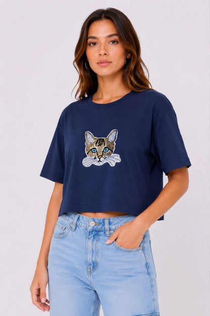 Kadın Kedi Baskılı Oversize Crop Tişört Salaş Basic Yarım Kol T-shirt - Lacivert — Lacivert [stokoz:M5qgn1EMcVWrmsLV9GAS%3ALacivert%3A0%3A1fws57t]