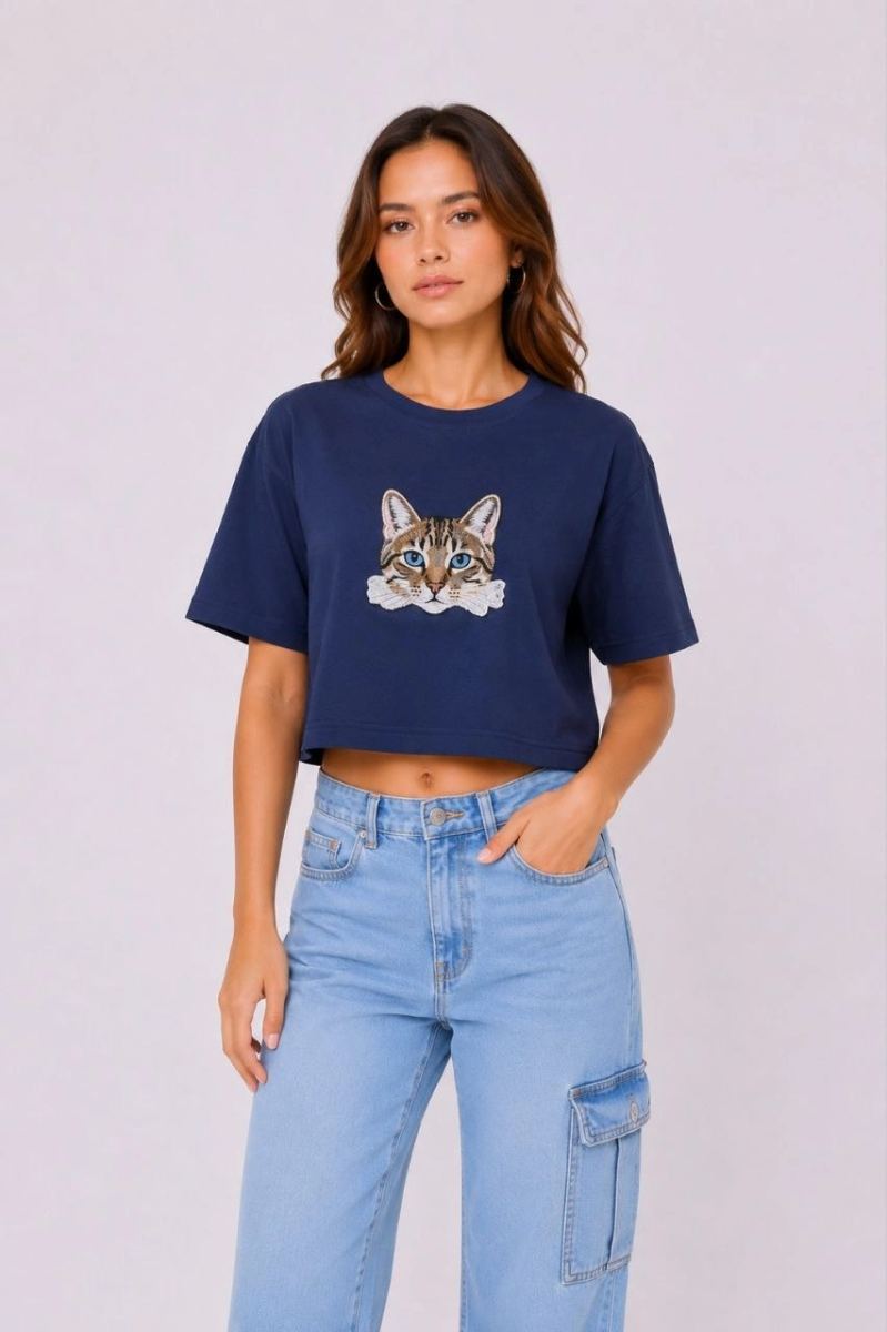 Kadın Kedi Baskılı Oversize Crop Tişört Salaş Basic Yarım Kol T-shirt - Lacivert — Lacivert [stokoz:M5qgn1EMcVWrmsLV9GAS%3ALacivert%3A2%3Aqfb9rh]