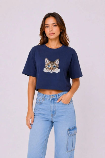 Kadın Kedi Baskılı Oversize Crop Tişört Salaş Basic Yarım Kol T-shirt - Lacivert — Lacivert [stokoz:M5qgn1EMcVWrmsLV9GAS%3ALacivert%3A2%3Aqfb9rh]