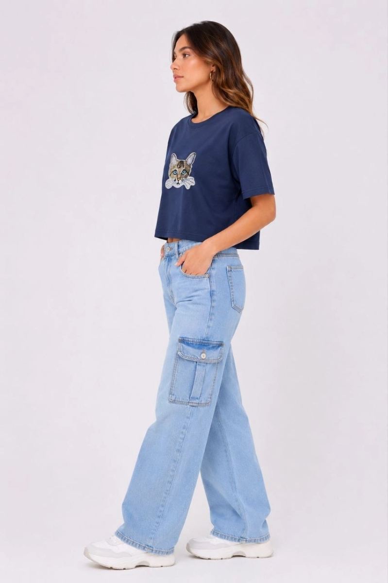 Kadın Kedi Baskılı Oversize Crop Tişört Salaş Basic Yarım Kol T-shirt - Lacivert — Lacivert [stokoz:M5qgn1EMcVWrmsLV9GAS%3ALacivert%3A1%3Ajagnn3]