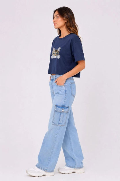 Kadın Kedi Baskılı Oversize Crop Tişört Salaş Basic Yarım Kol T-shirt - Lacivert — Lacivert [stokoz:M5qgn1EMcVWrmsLV9GAS%3ALacivert%3A1%3Ajagnn3]